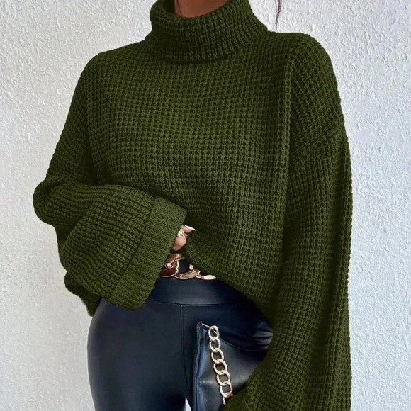 Army Green Casual Women's Turtleneck Long Sleeve Sweater - Picture 1 of 6